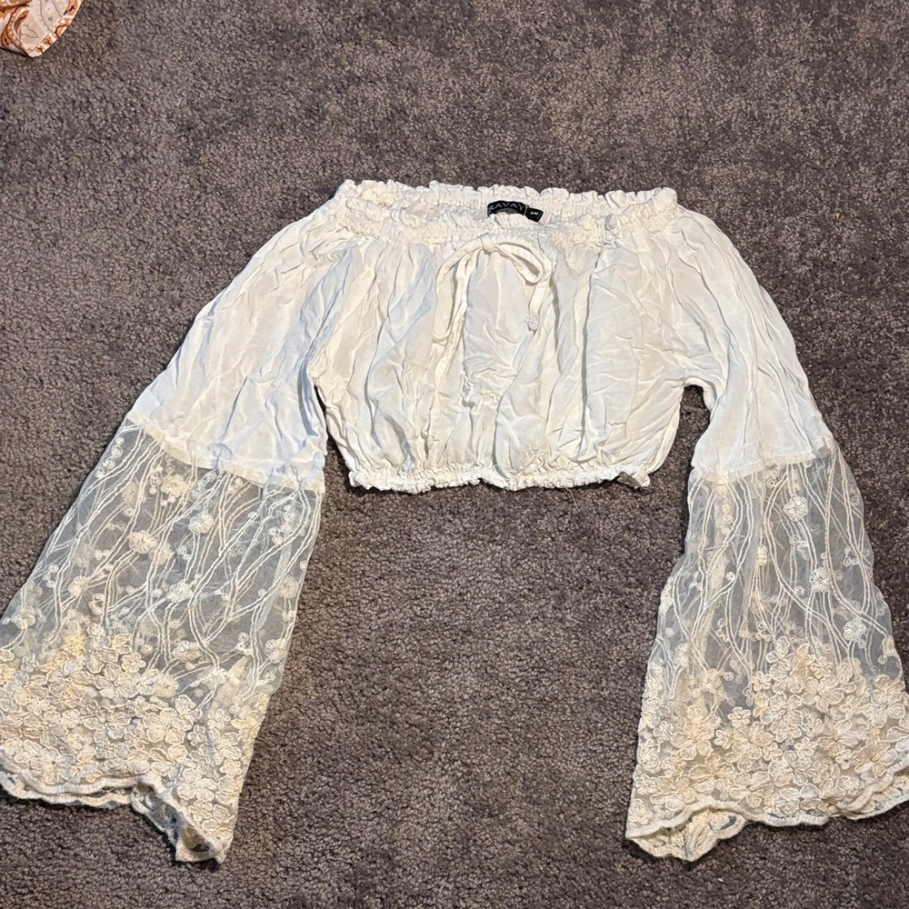 White Off-Shoulder Lace Sleeve Top